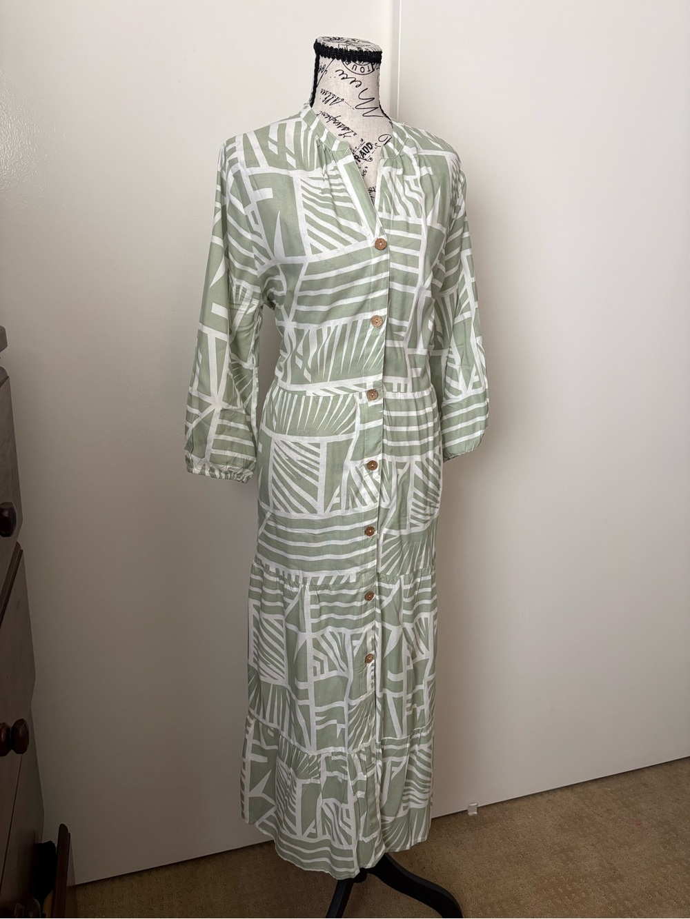 Light Sage Green Printed Button-Front Maxi Dress